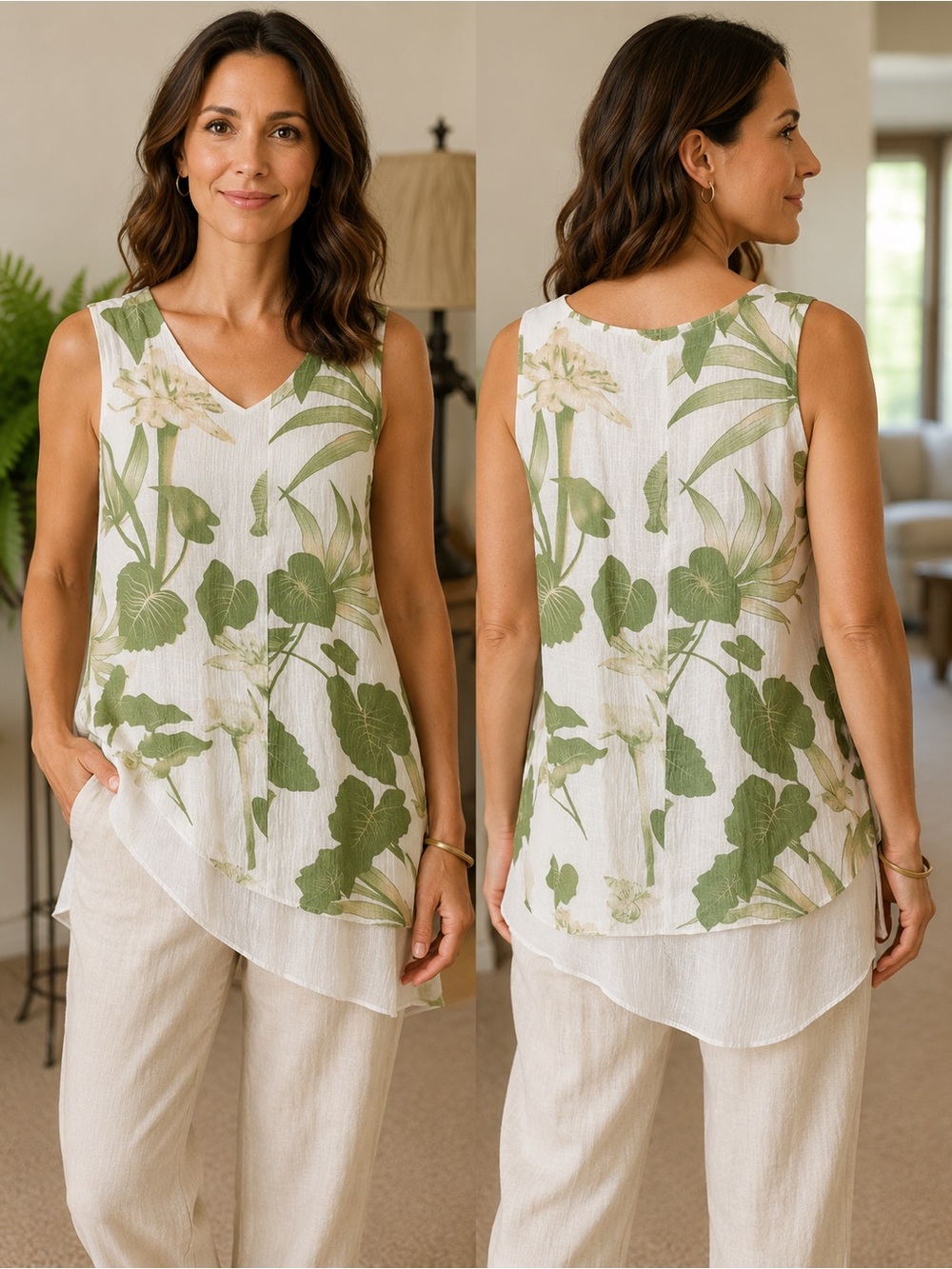 Layered V-Neck Botanical Tank Top - Green on White